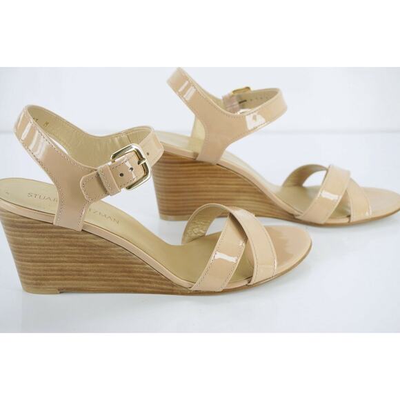 Stuart Weitzman Next Wedge Cross Ankle Sandals Nude Patent - Picture 8 of 10